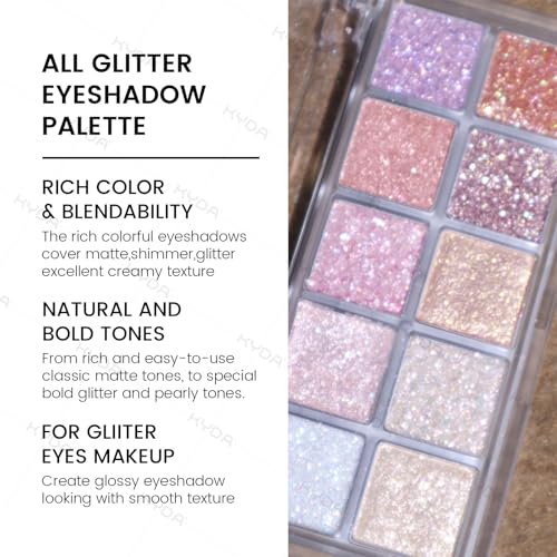 KYDA 10 Colors All Glitter Eyeshadow Palette, Sparkling Sequin Eyeshadow, Shiny Pearl Powder Eye Shadow, Multicolor Glitte...