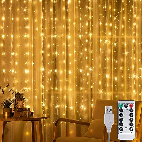 Tuanse 195 LED Curtain Tapestry Lights Backdrop String Lights, 6.5 x 5 Feet Hanging Fairy Curtain Light with 8 Lighting Mo...