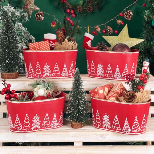 Putuo Decor 4 Packs Christmas Oval Metal Ice Buckets, Christmas Decorations Galvanized Storage Beverage Tubs Tin Bucket Pa...
