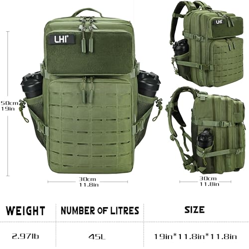 LHI Tactical Military Backpack for Men 25L/45L Large Molle Army Assault Pack 3 Day Hiking Rucksack With Bottle Holder