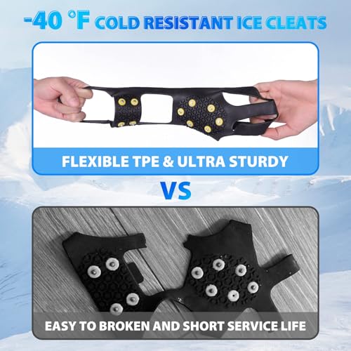 Ice Cleats for Boots & Shoes - Anti-Slip Rubber Traction Cleats for Walking, Hiking & Climbing - 10 Steel Studs Crampons f...