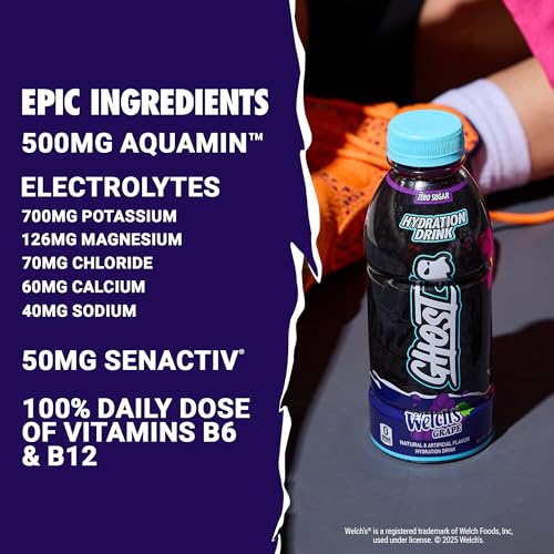 GHOST Hydration Drink, Welch’s Grape - RTD Sports Drink with Electrolytes, Natural Vitamins & Minerals - All Day Lifestyle...
