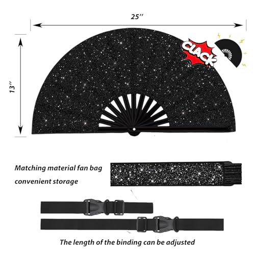 YKuzLx 13‘’ Large Rave Fan for Men Women, Rave Essentials, Decorative Glitter Folding Hand Fan with Holster for Party, Hom...