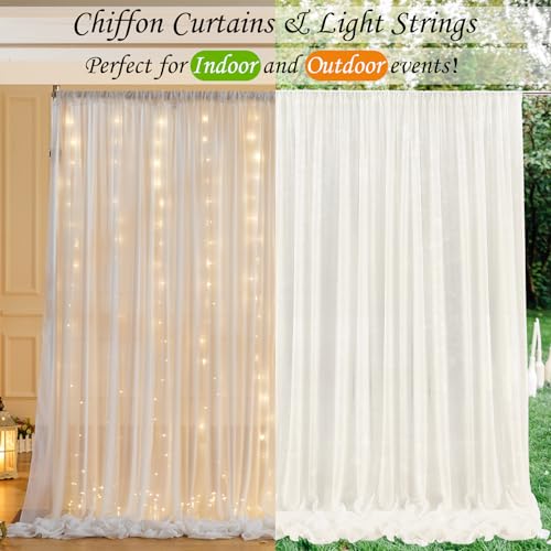 10ft x 10ft Cream White Chiffon Backdrop Curtain with Lights String for Parites Wedding Wrinkle Free Curtain Photo Backdro...