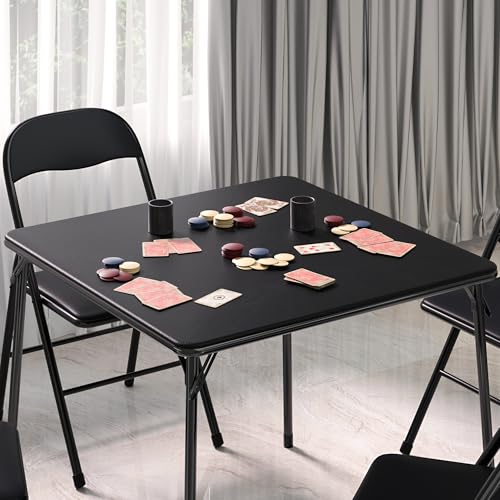 VECELO Square Folding Portable Card Table 4 Foldable Chair Sets 5PCS with Collapsible Legs & Vinyl Upholstery Padded, Meta...