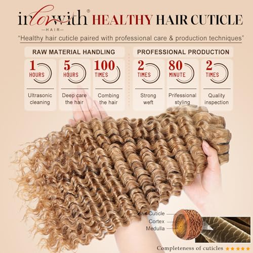 inlovwith Honey Blonde Deep Wave Human Hair Bundles, Selected Healthy Deep Curly Bundles Human Hair 27# Colored Brazilian Virgin Hair Wet and Wavy (Single Bundle, 30 Inches)