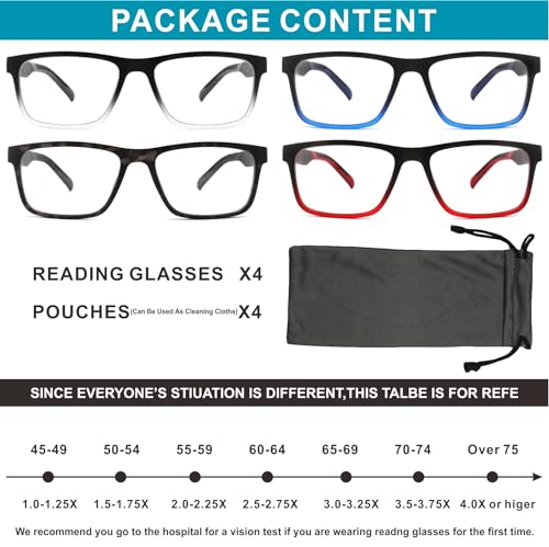 acavefox 4 Pack 1.75 Reading Glasses Men Readers Computer Blue Light Blocking Fashion and Comfortable Spring Hinge Eyeglasses