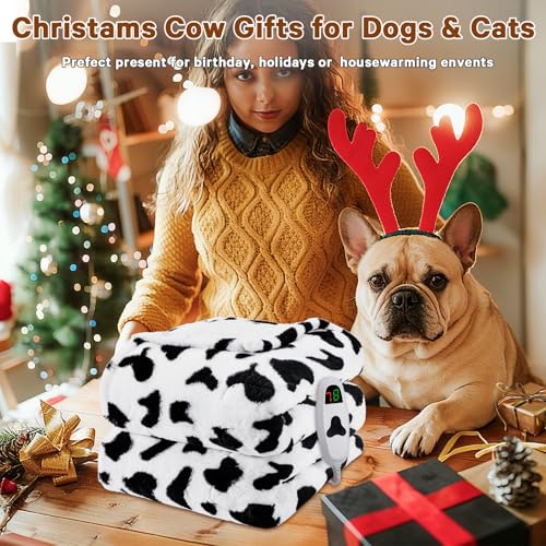 Black Heated Electric Blanket Throw,50X60 Cow Print Heating Blanket with 10 Heats Levels & 8 Hours Auto Off,Cute Cow Decor...