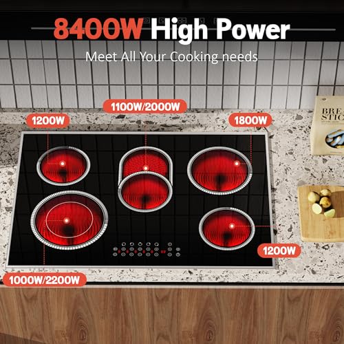 Pladeca 30 Inch Electric Cooktop, 5 Burner Electric Stove Top Touch Control, 8400W Built-in Ceramic Stovetop Burner 30" wi...