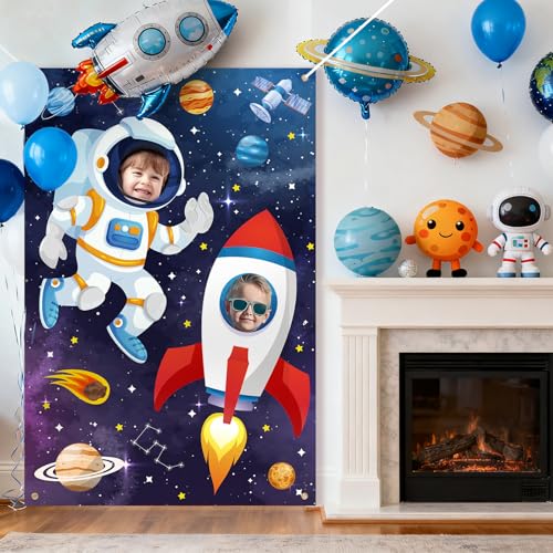 Outer Space Themed Party Decorations Astronaut Photo Booth Prop Backdrop Rocket Ship Galaxy Planet Starry Photography Back...