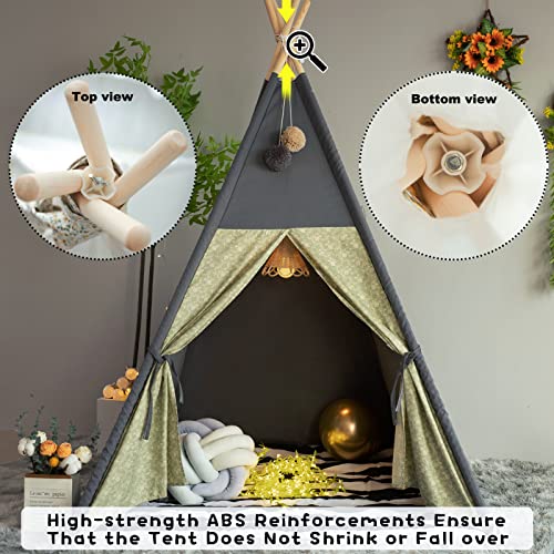 TreeBud Teepee Tent for Kids Stripe Padded Mat Foldable Dark Tone Grey Play Tents for Girl and Boy with Carry Case Wooden ...