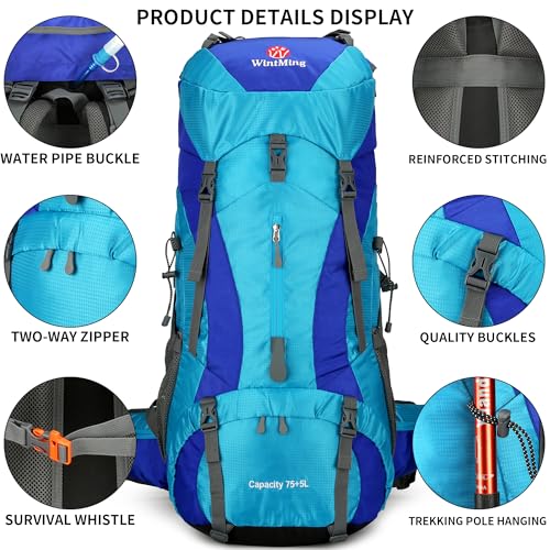 W WINTMING 75L Hiking Backpack with Rain Cover Waterproof Camping Backpack Shoes Warehouse for Men Women, Frameless