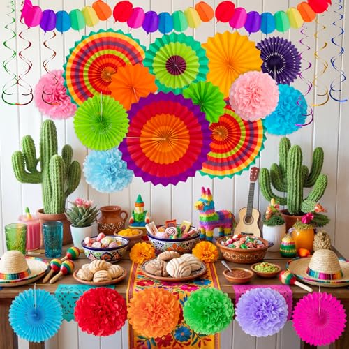 35PCS Fiesta Paper Fan Party Decorations Set - Cinco De Mayo Pom Poms,Pennant,Garland String,Banner,Hanging Swirls Hispani...