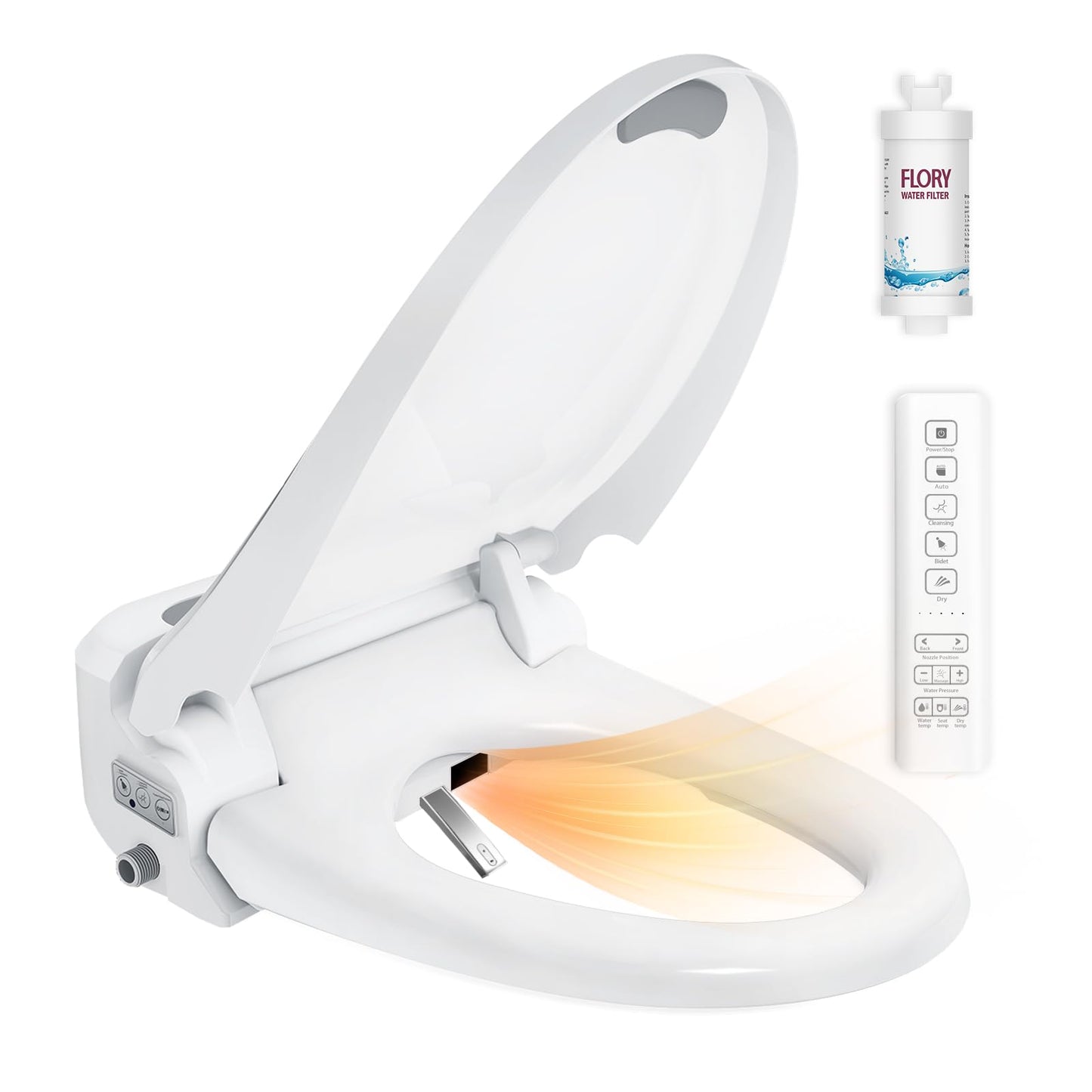 R FLORY Electric Bidet Toilet Seat Elongated Heated Toilet Seat with Bidet Slow Close Lid, Remote Control, Air Pump Flushing, Adjustable Self-Clean Nozzle, Instant Warm Water, Air Dryer, Night Light