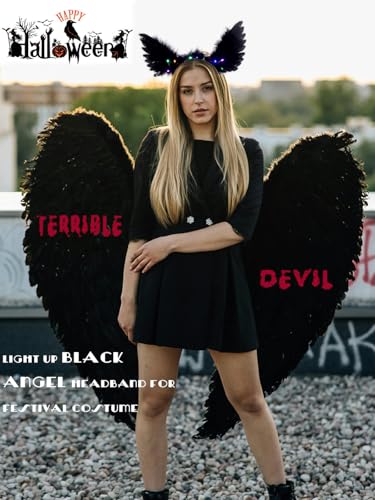 Aiosy Light Up Halloween Wing Headbands LED Black Feather Hairband Angel Wings Women Hair Accessories for Rave Costume
