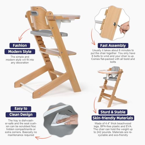 Cowiewie 3-in-1 Convertible Natural Wooden High Chair for Babies & Toddlers 3-Tier Remove & 2 Adjustable Wood Tray & 8 Lev...
