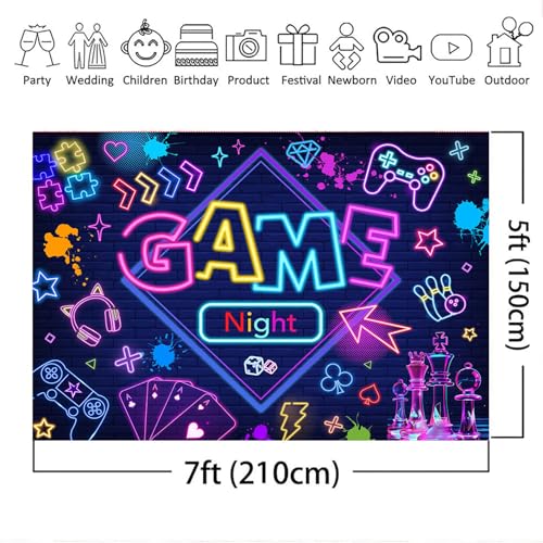 Mocsicka Game Night Backdrop Banner Glow Gaming Birthday Party Decorations for Adults Kids 7x5ft Chess Board Video Game On...