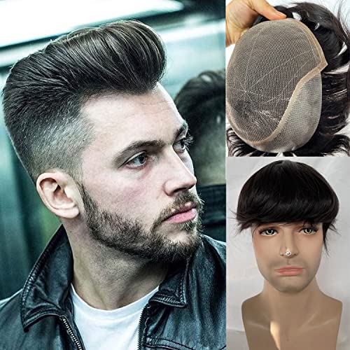 Men's Hairpiece European Human Hair Toupee 10x8inch HD Swiss Lace Super Thin Skin Back Hair Replacement Wig Natural Black Color