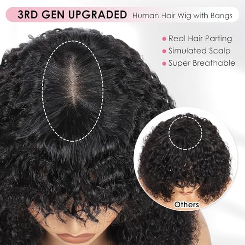 15A Raw Human Hair Wig with Bangs 4x2 Lace Short Water Wave Curly Glueless Wigs Layered Bob Wig Human Hair 180% Density Ready to Wear Wigs Glueless Human Hair for Women (14 Inch 1B Black)