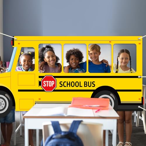 ojustbeok School Bus Photo Prop Selfie Frame Back to School Backdrop Party Decoration First Day of School Photo Booth Welc...