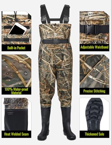 TIDEWE Bootfoot Chest Wader, 2-Ply Nylon/PVC Waterproof Fishing Hunting Waders with Boot Hanger for Men Women Green Brown