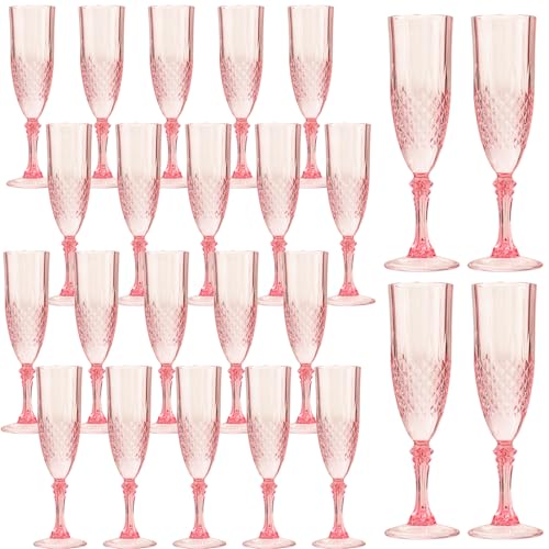 24PCS Plastic Champagne Flutes,7.1Oz Acrylic Pink Wine Glasses Goblets Reusable Drinking Champagne Glasses for Wedding ,Sh...
