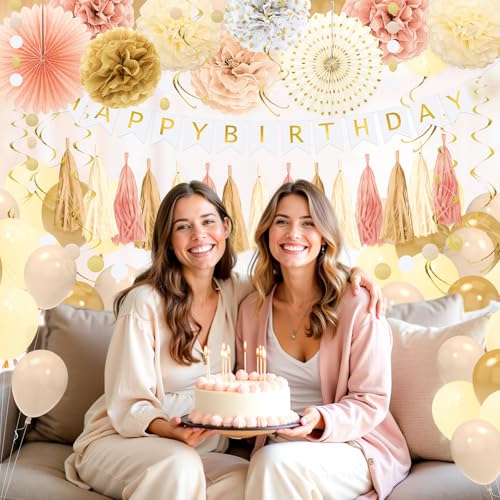 YTHETM Champagne Gold Fall Boho Birthday Decorations for Women Girls Beige Cream Neutral Party Decorations Happy Birthday ...