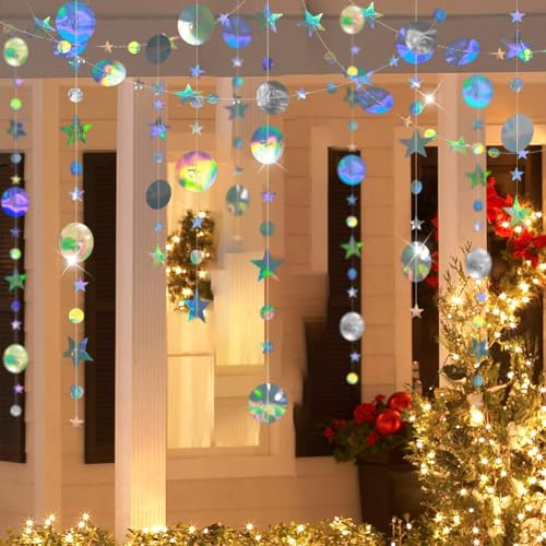 Cheerland Iridescent Party Decorations Holographic Star Garland Hanging Stars Moon Streamer Galaxy Birthday Decoration Ram...