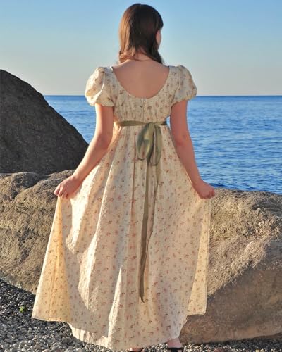 Nuoqi Regency Dresses for Women Floral Regency Era Dress Empire Waist Long Tea Party Dress