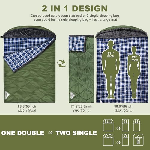 AGEMORE Cotton Flannel Double Sleeping Bag with Fleece Lined Hood, Waterproof Queen Size 2 Person Sleeping Bag for Adults ...