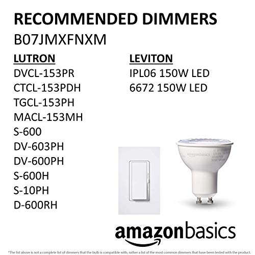 Amazon Basics MR16 LED Light Bulb, 50 Watt Equivalent, Energy Efficient 7W, GU10 Base, Warm White 3000K, Dimmable, 10,000 Hour Lifetime , 6-Pack