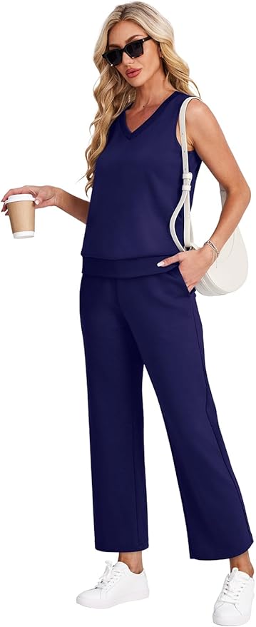 WIHOLL Two Piece Set for Women Summer Outfits Vacation Trendy Lounge Sets V Neck Matching Sets