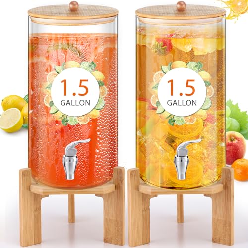 FillTouch 2 Pack 1.5 Gallon Glass Drink Dispensers for Valentine's Party, Beverage Dispensers with Stand, Spigot and Bambo...