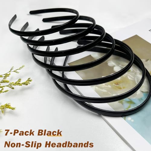 Zoolinn 7 Pcs Plastic Headbands for Women - Black Non-Slip Hair Bands with Teeth Comb Design