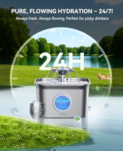 Stainless Steel Cat Water Fountain, 2.8L with 20dB Ultra-Quiet Pump- Ideal for Timid Pets, LED Water Level Window, Dishwas...