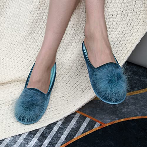 GRITHEIM Women's Fuzzy Pom Pom Velvet Memory Foam House Slippers Ladies Cozy Chenille Knit Bedroom Slippers Non-slip Sole ...