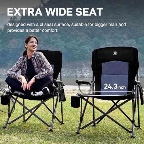 EVER ADVANCED Oversized Folding Camping Chair for Adults, Heavy Duty Lawn Chair with Side Pockets, Portable Collapsible Qu...