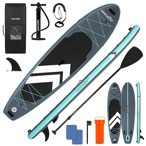 SereneLife Inflatable 11’ Stand Up Paddle Board with 32” Wide Platform, Non-Slip EVA Deck, Drop-Stitch Construction, 3-Pie...