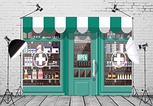 CORFOTO 7x5ft Fabric Facade Pharmacy Store Backdrop Storefront Shop Building Medicines on The Shelf Background Pharmacy Th...