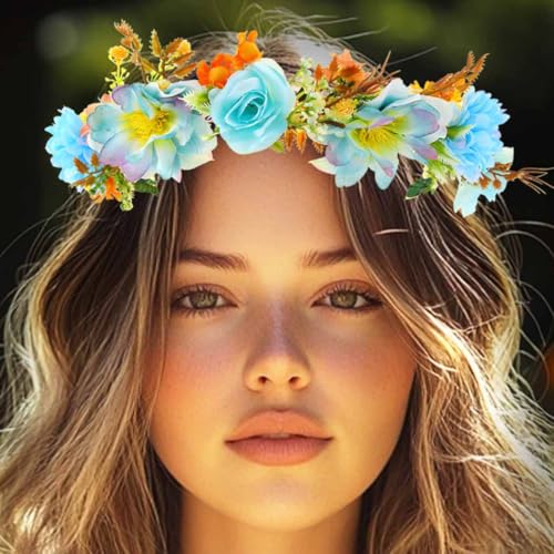 DRESBE Light Up Floral Headband LED Flower Wreath Crown Headbands Glowing Festival Garland Hair Accessories for Women (Blue)
