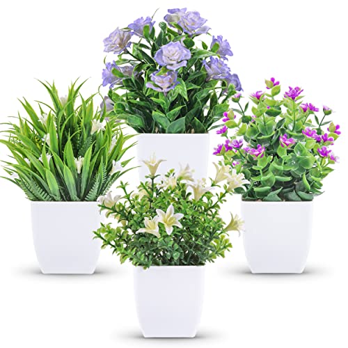 Der Rose 4 Pack Small Fake Plants Mini Artificial Faux Plants Indoor with Flowers Spring Decorations for Home Room Farmhou...