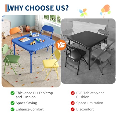 IDEALHOUSE 5 Piece Boys Girls Table and Chairs Set, Folding Activity Table and Chairs Set for Dining Room,Daycare,Classrooms