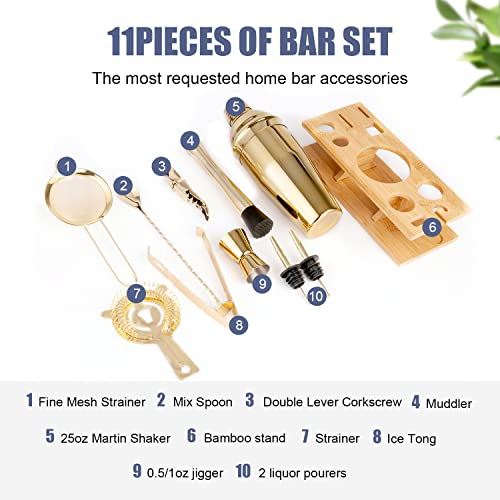 JNWINOG Shakers Bartending, 11Pcs-Cocktail Shaker Set Gold Drink Mixer with 25oz Martini Shaker,Muddler,Bar Spoon and More...