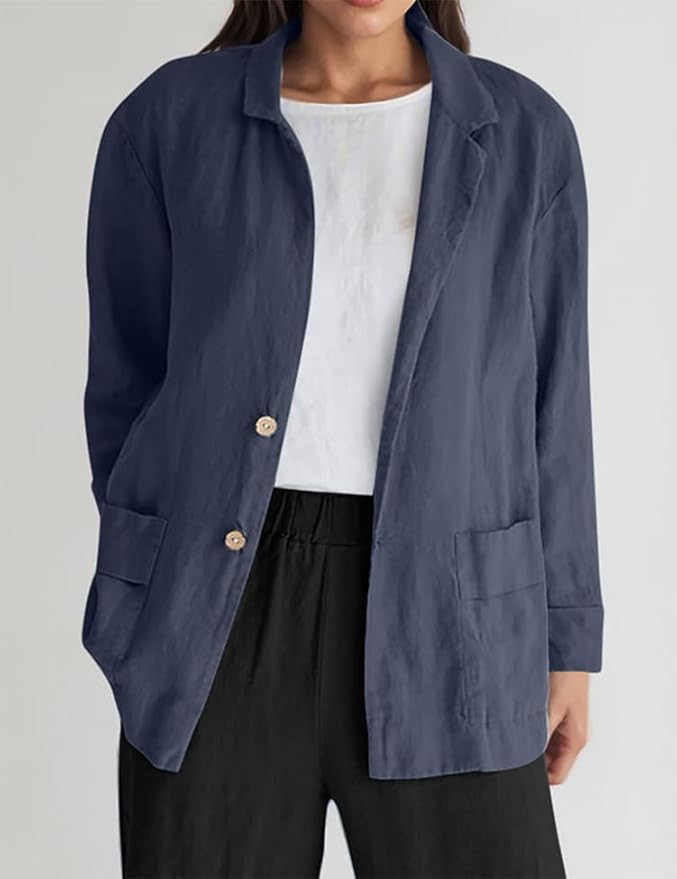 Women's Lightweight Business Blazer Casual Cotton Long Sleeve Button Jacket Loose Fit Work Office Suit with Pockets
