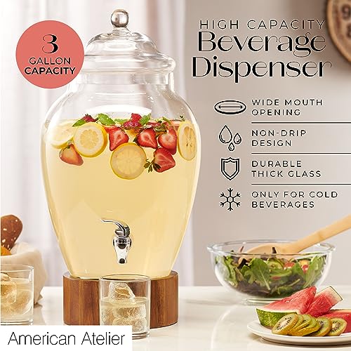 American Atelier Madera Beverage Dispenser Cold Drink Dispenser w/ 3-Gallon Capacity Glass Jug, Leak-Proof Acrylic Spigot ...