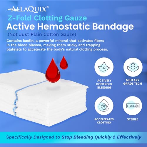 AllaQuix Advanced Kaolin Hemostatic Gauze – Z-Fold Sterile Clotting Bandage (3" x 12 ft, 1-Pack) | Stops Bleeding Fast for...