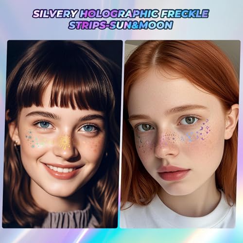YGQQOY Holographic Glitter Freckles, Glitter Freckles Face Tattoo,Sparkle Makeup Patches,Face Glitter for Hallowmas Christ...