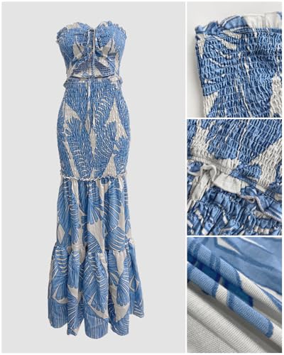 CHICME Floral Printed Prom Dress Tie Ruched Shirred Bandeau Party Dress Slim Fit Ruffle Hem Vacation Dresses