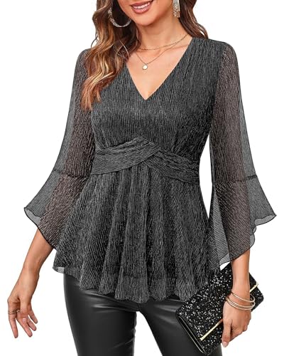 VALOLIA Womens Sparky Tops 3/4 Sleeve Glitter Sequin Shiny Dressy Blouses V Neck Party Evening Cocktail Shirts