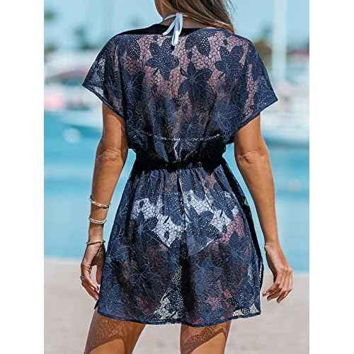 CUPSHE Womens Swimsuit Coverup Sheer Cutout V Neck Beach Dress Short Sleeve Elastic Waist 2025 Summer Outfits